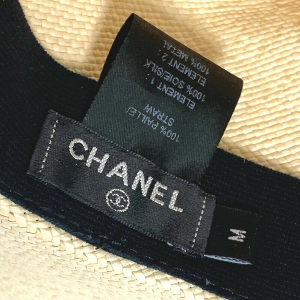 CHANEL CC CC Mark Grosgrain Ribbon 19V hat straw hat straw Beige/Black - Picture 9 of 9